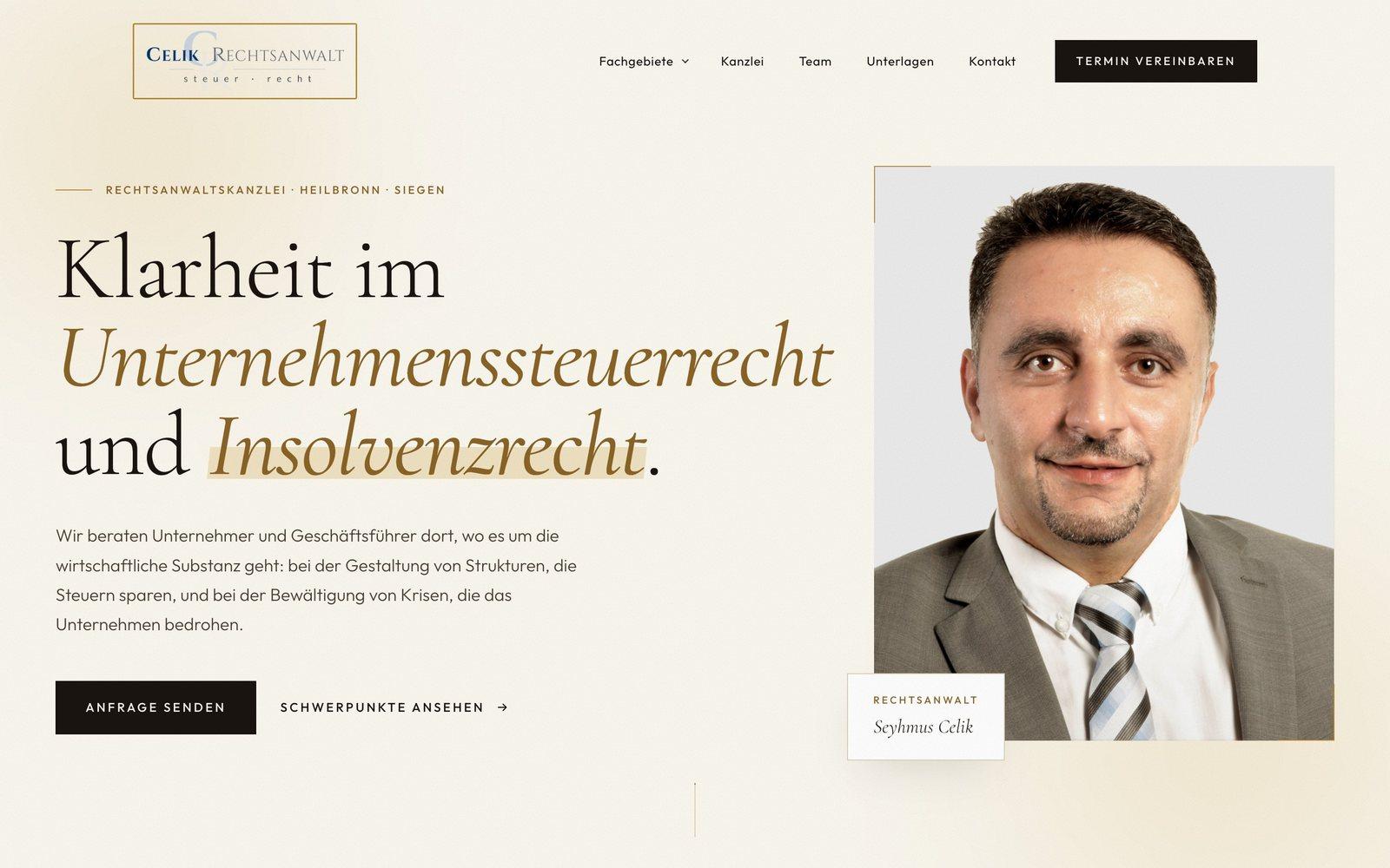 Startseite der Website von Rechtsanwaltskanzlei Celik, gebaut von D&N Marketing